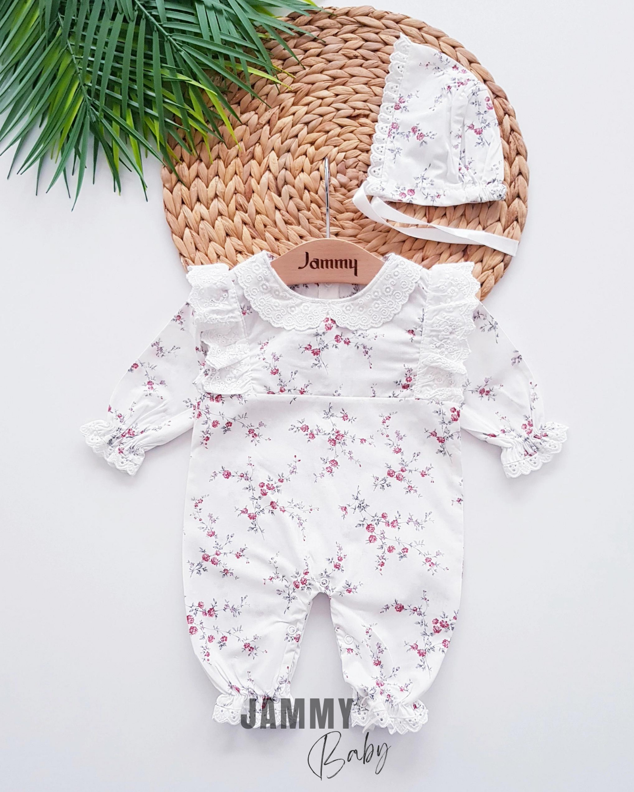 Tiny Roses Poplin Hat Jumpsuit Set-RED