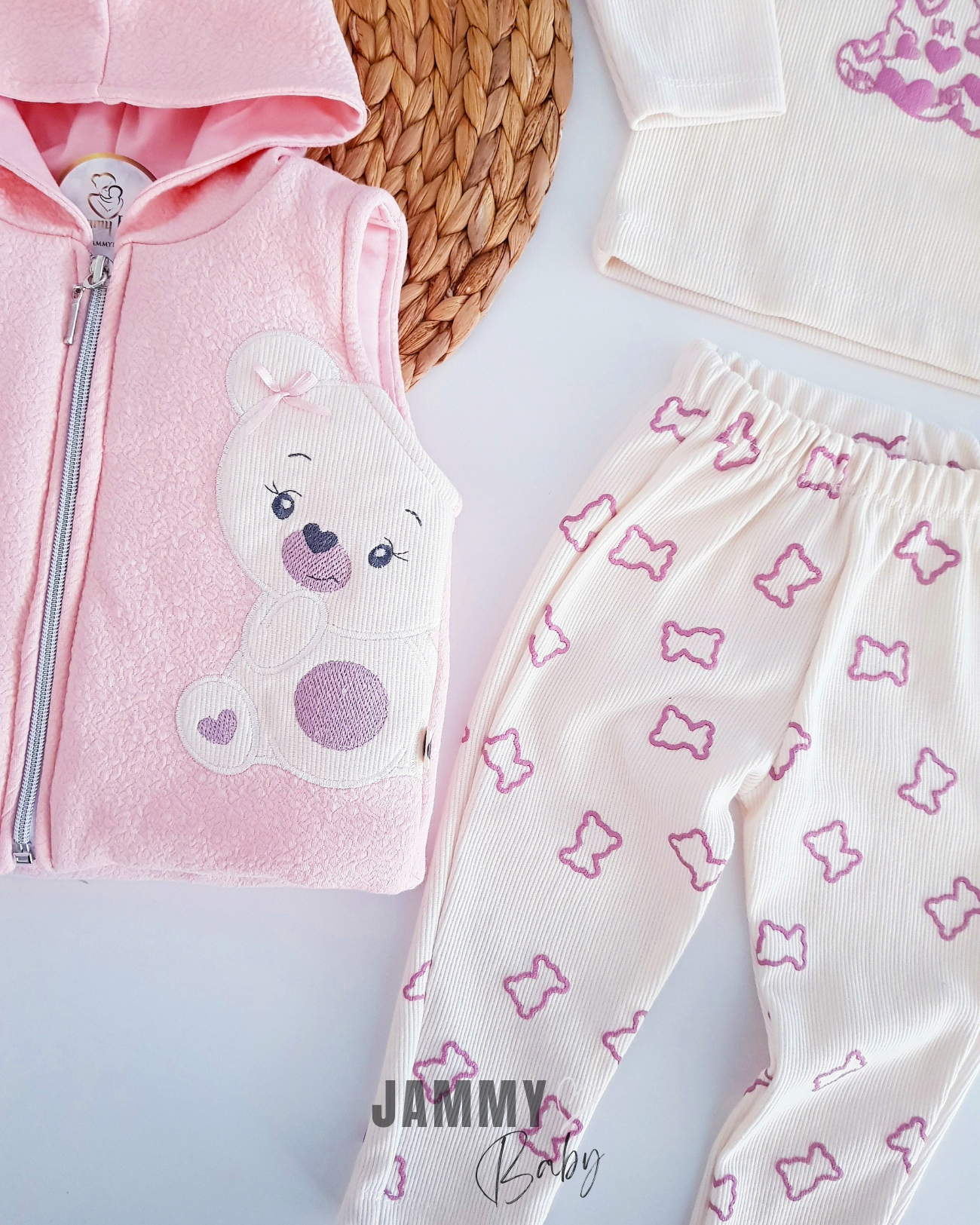 Shy Teddy Bear Puffer Vest Set-SALMON