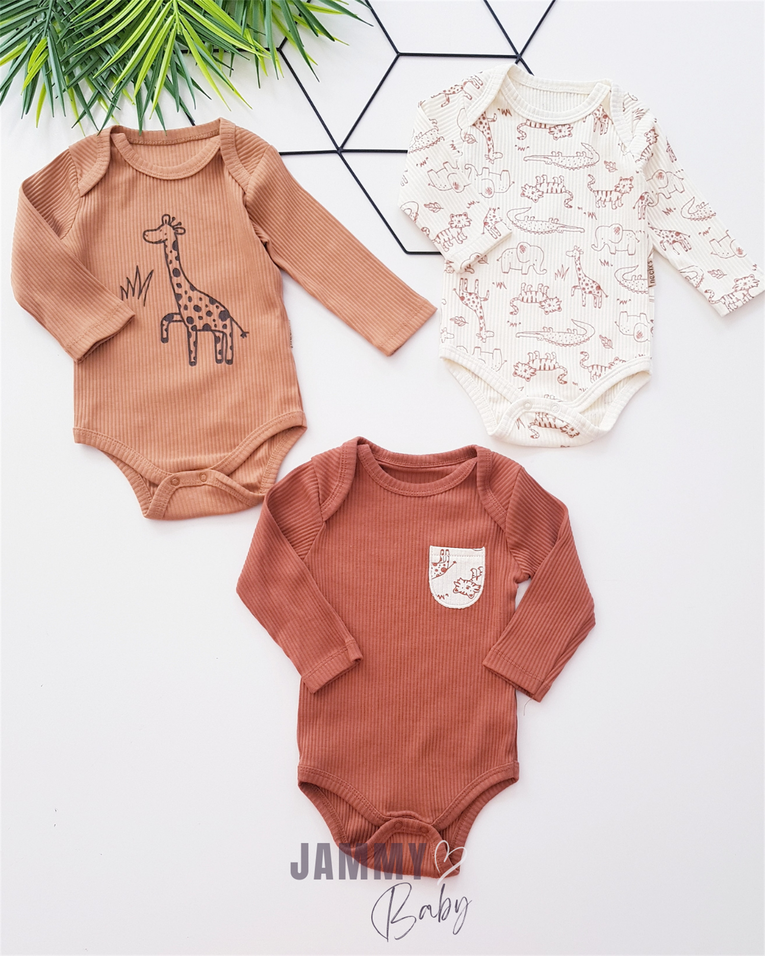 Hemdje met giraffe-thema, 3-delige bodyset - KOFFIESCHUIM