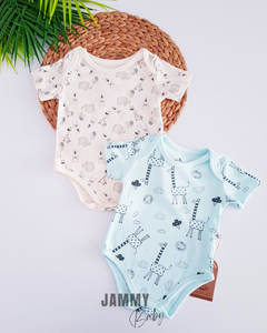 Giraffe&Elephant Themed Organic 2-Piece Short Sleeve Bodysuit Set-EKRU/MINT