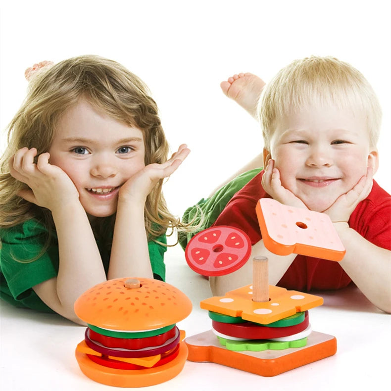 Montessori Wooden Burger Stacking Toys for Toddlers and Kids Preschool Educational Toys Fine Motor Skill Toy
