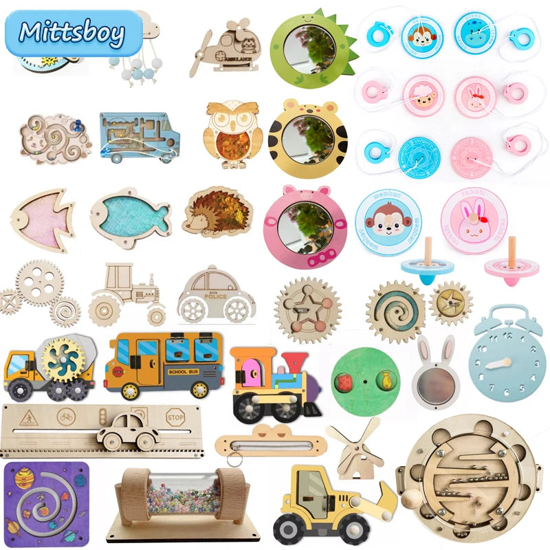 DIY Montessori Busy Board Wooden Accessories Hand Pulled Wheel Gear Drum Car Board Castle Early Educational Toy For Childre Gift