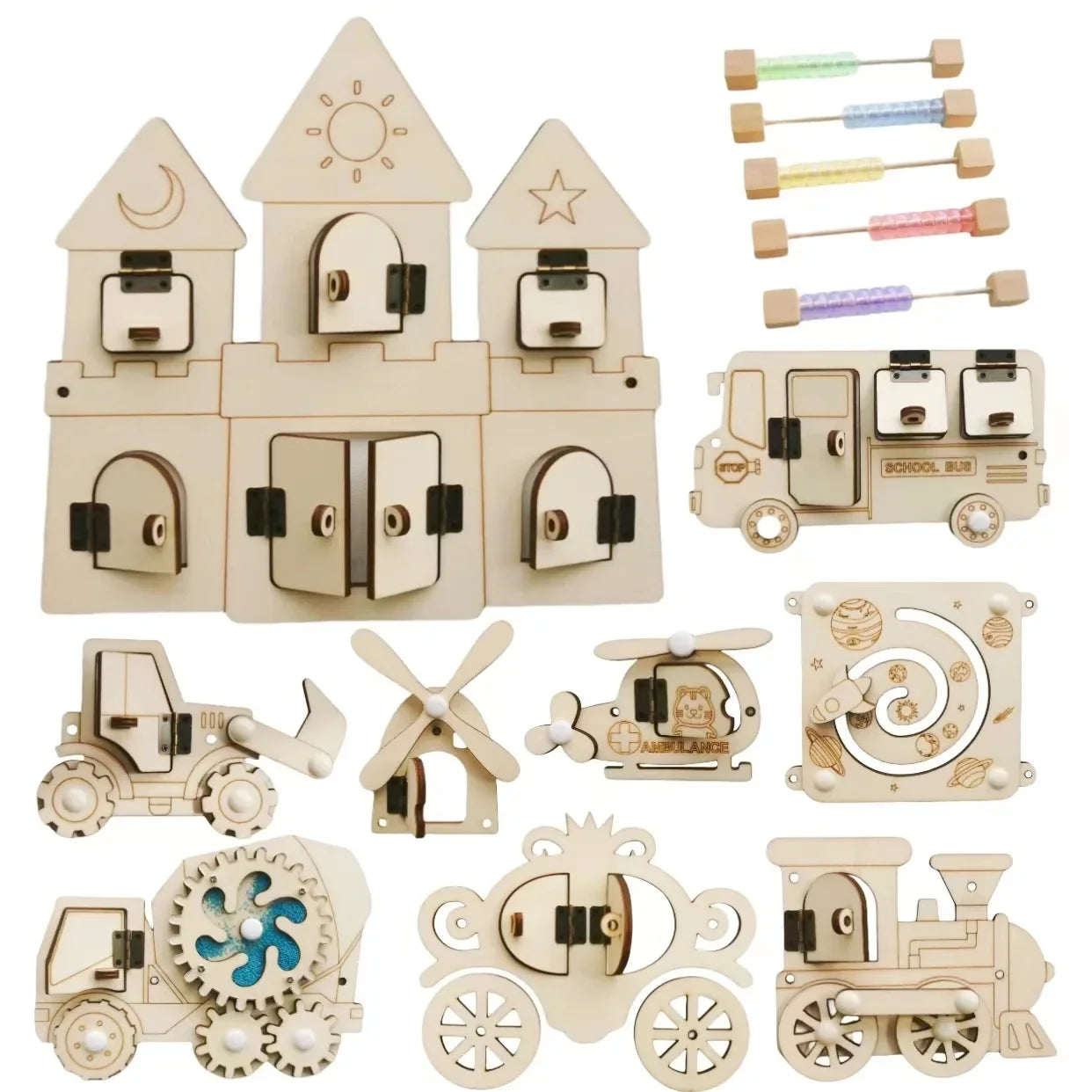 Montessori Busy Board DIY Wood Accessories Early Ball Calculation Bulldozer Castle Helicopter Educational Toy For Children Gifts
