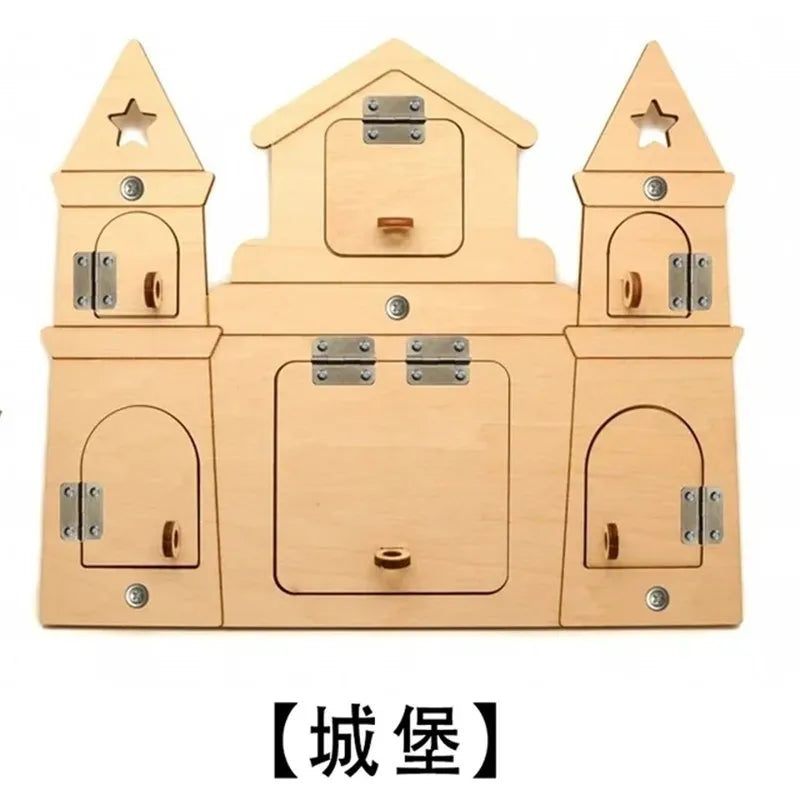 DIY Montessori Busy Board Wooden Accessories Hand Pulled Wheel Gear Drum Car Board Castle Early Educational Toy For Childre Gift
