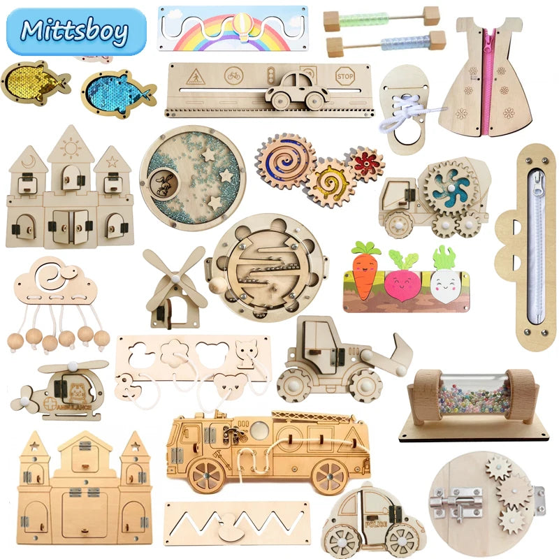 DIY Montessori Busy Board Wooden Accessories Hand Pulled Wheel Gear Drum Car Board Castle Early Educational Toy For Childre Gift