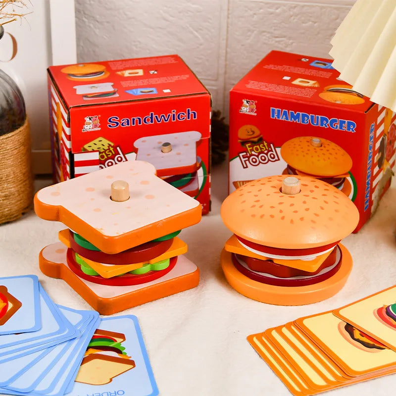 Montessori Wooden Burger Stacking Toys for Toddlers and Kids Preschool Educational Toys Fine Motor Skill Toy