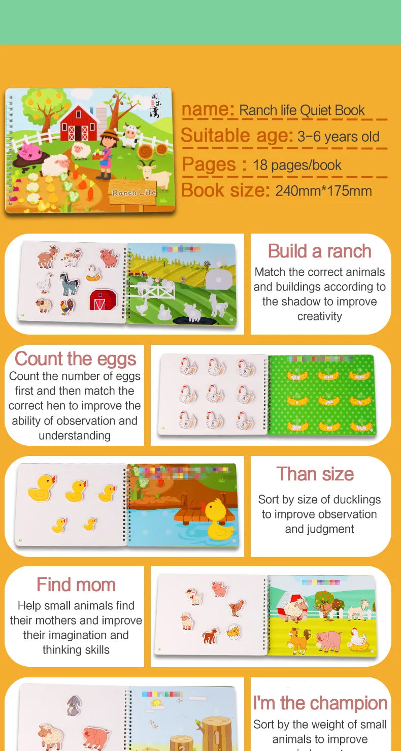 Montessori Baby Busy Sticker Book 3D Farm Life Fruit Car Theme Quiet Book Early Education Learning Fine Motor Training Baby Toy