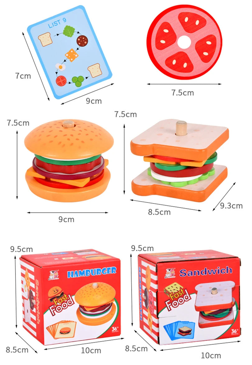 Montessori Wooden Burger Stacking Toys for Toddlers and Kids Preschool Educational Toys Fine Motor Skill Toy