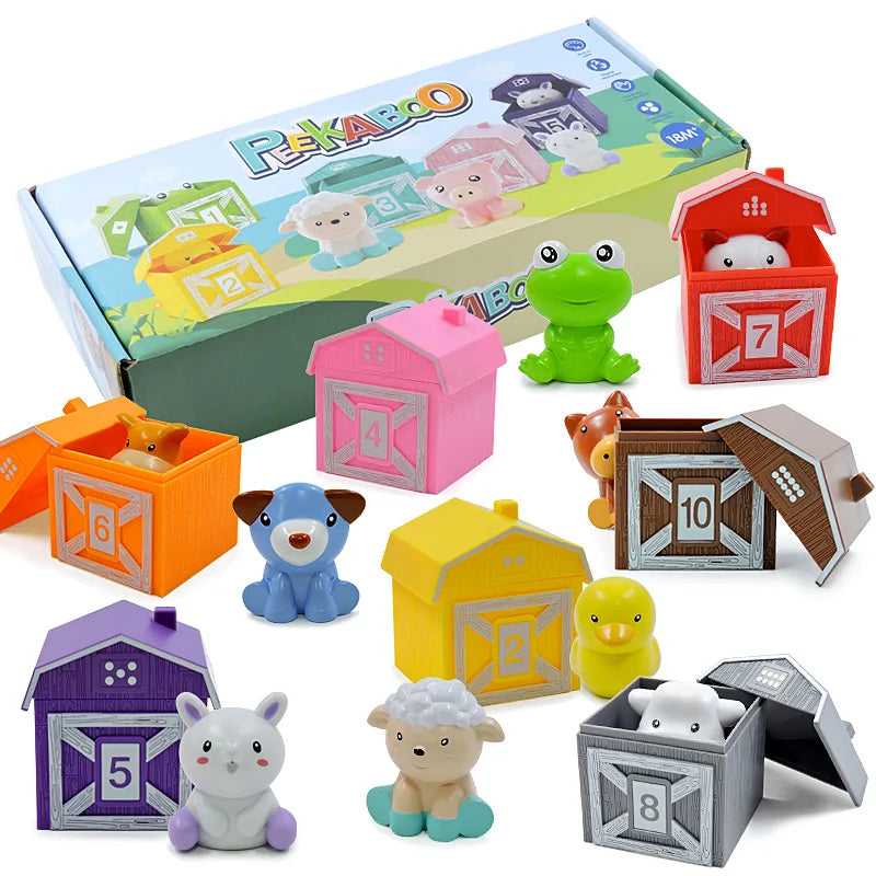 Toddler Montessori Learning Toys Counting Matching & Color Sorting Set Farm Animal Finger Puppets Barn Toy Peekaboo Game
