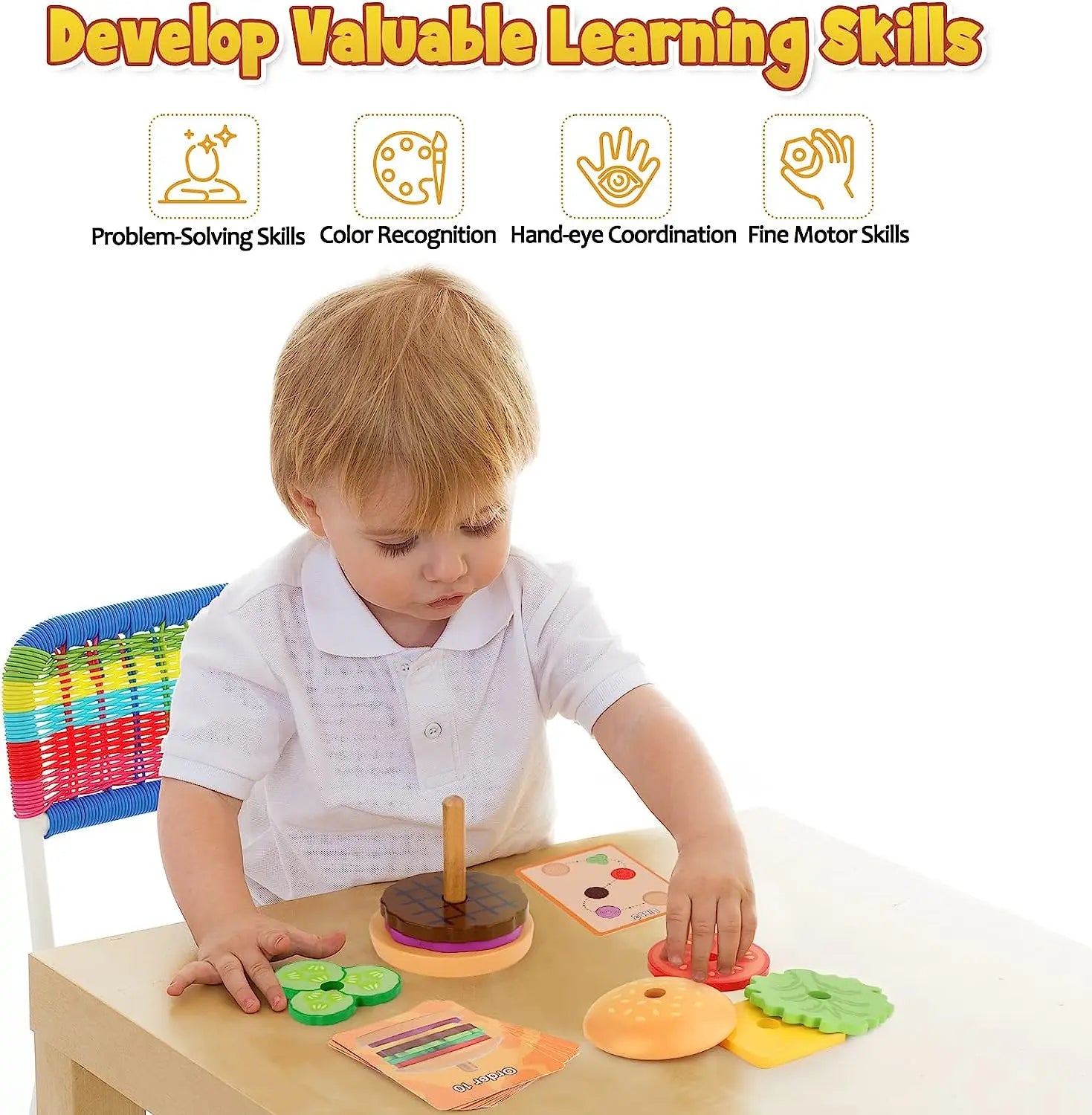 Montessori Wooden Burger Stacking Toys for Toddlers and Kids Preschool Educational Toys Fine Motor Skill Toy