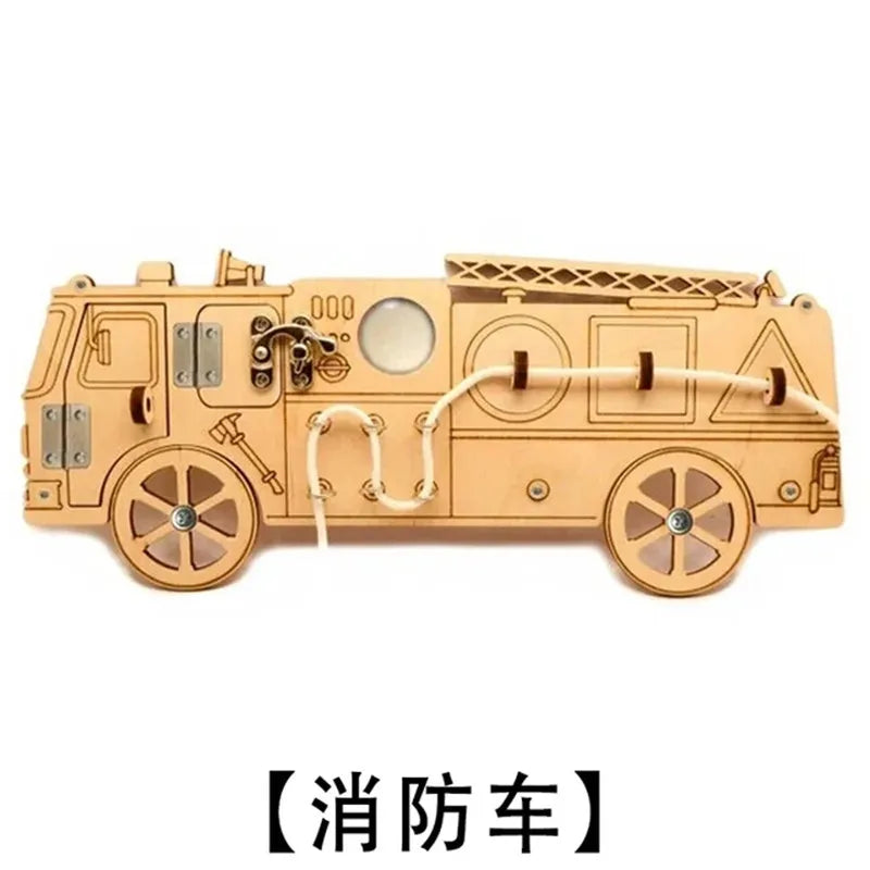 DIY Montessori Busy Board Wooden Accessories Hand Pulled Wheel Gear Drum Car Board Castle Early Educational Toy For Childre Gift