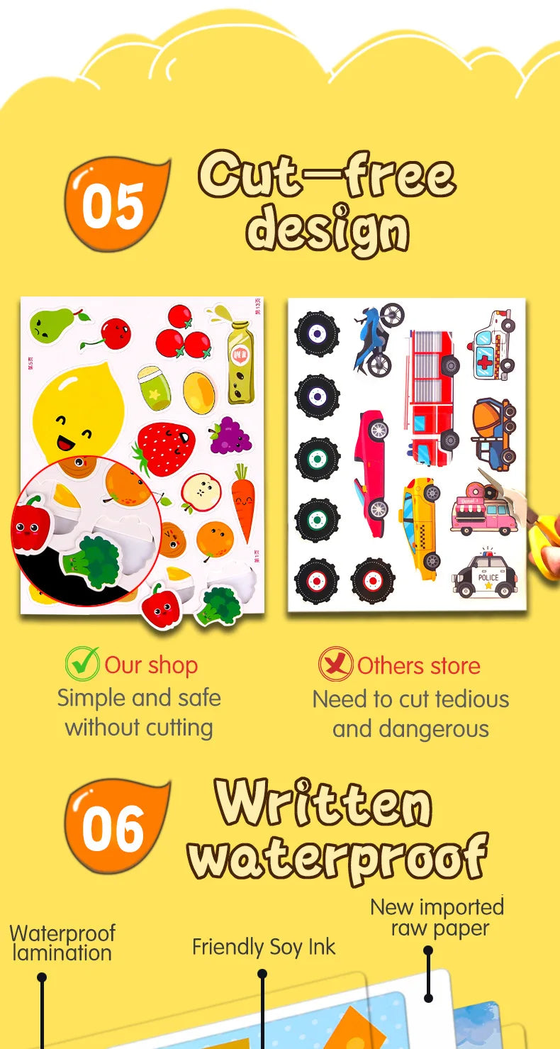 Montessori Baby Busy Sticker Book 3D Farm Life Fruit Car Theme Quiet Book Early Education Learning Fine Motor Training Baby Toy
