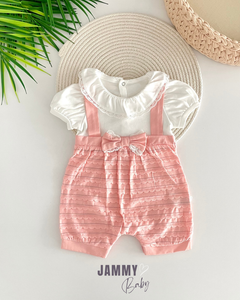 Alina Sparkly Bow Detailed Barbatos Jumpsuit for Babies - Soft Ecotex Fabric - Salmon