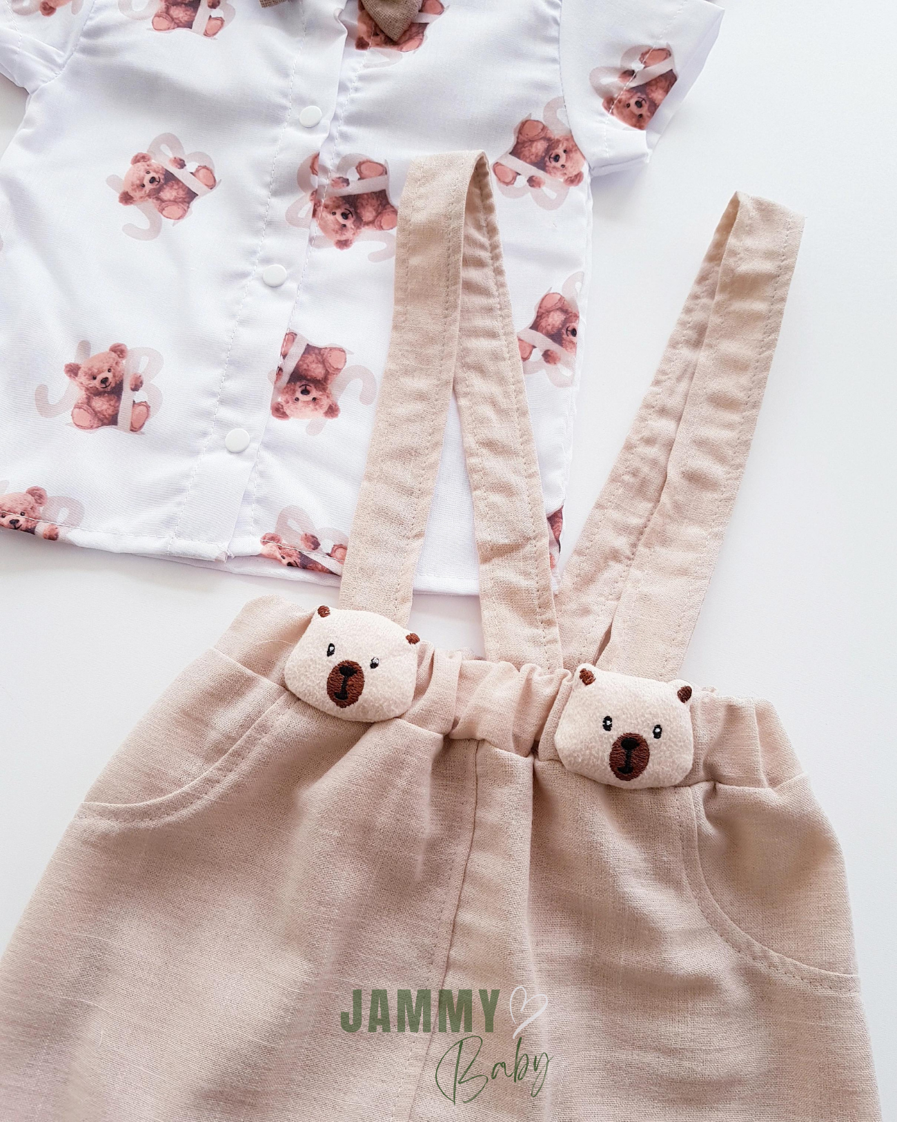 Teddy Ayı Desenli Gömlek&Şapkalı Yamaç Takımı-BEIGE