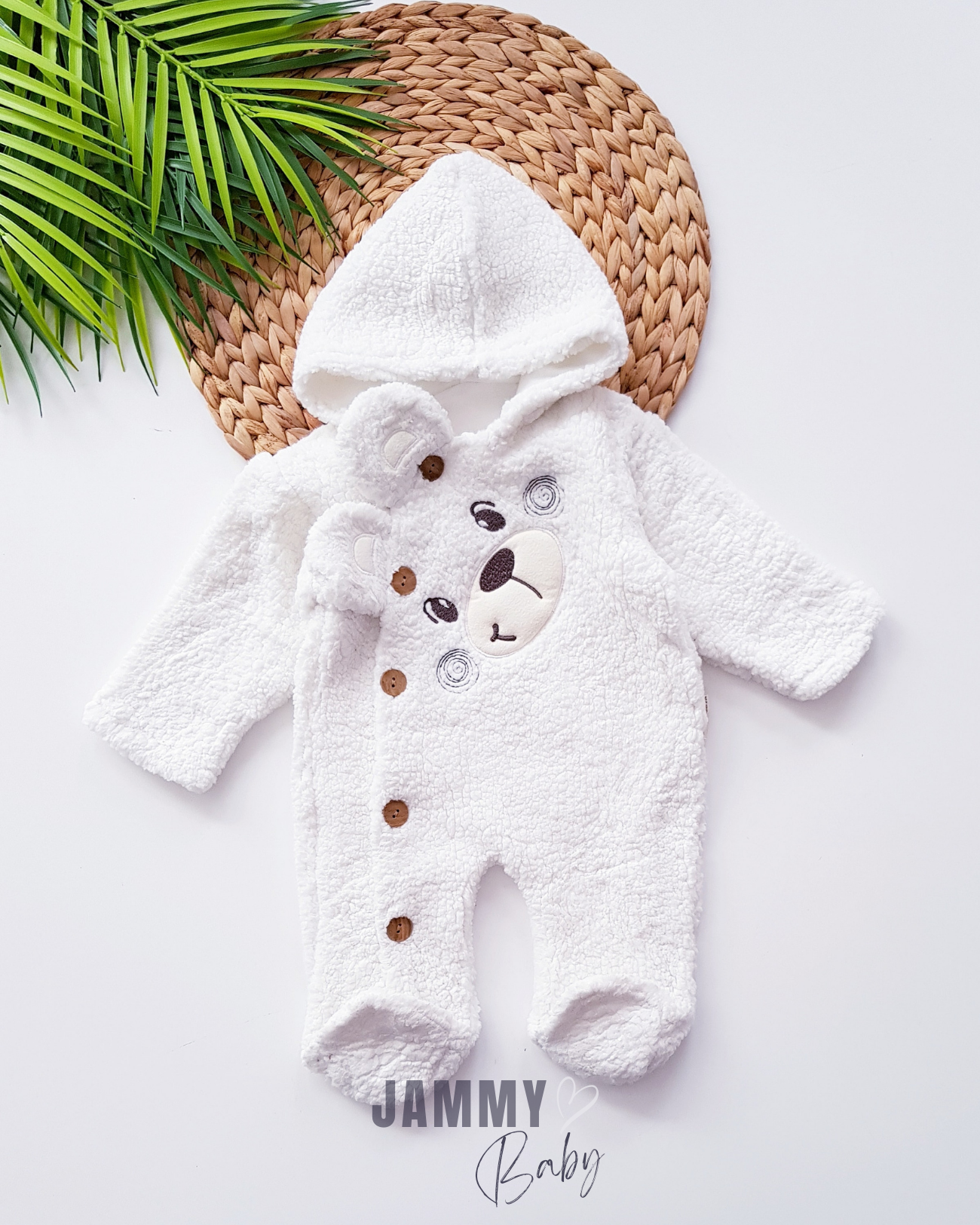 Bear Face Welsoft Peluş Kapşonlu Tulum-BEYAZ