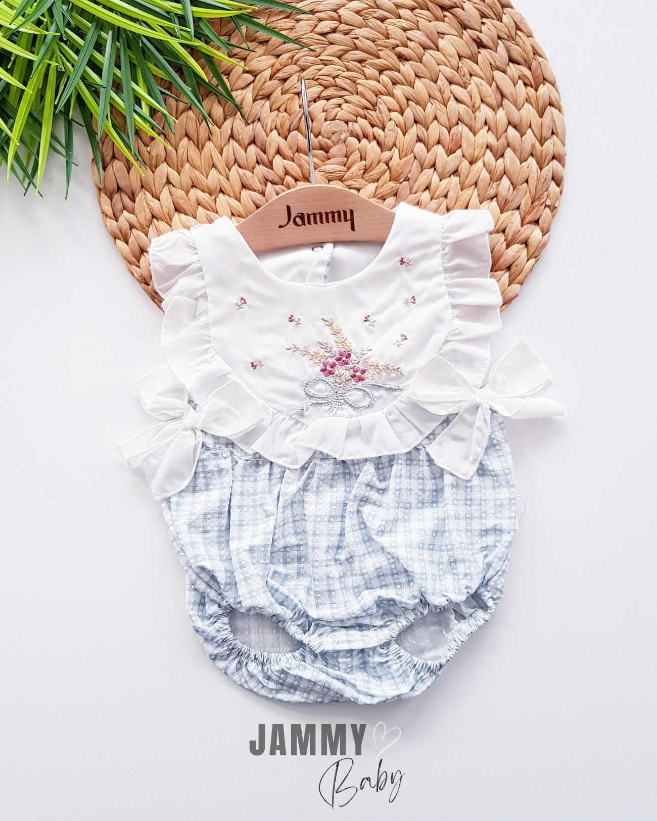 Berry Flower Borduurkleed Gingham Romper-MINT