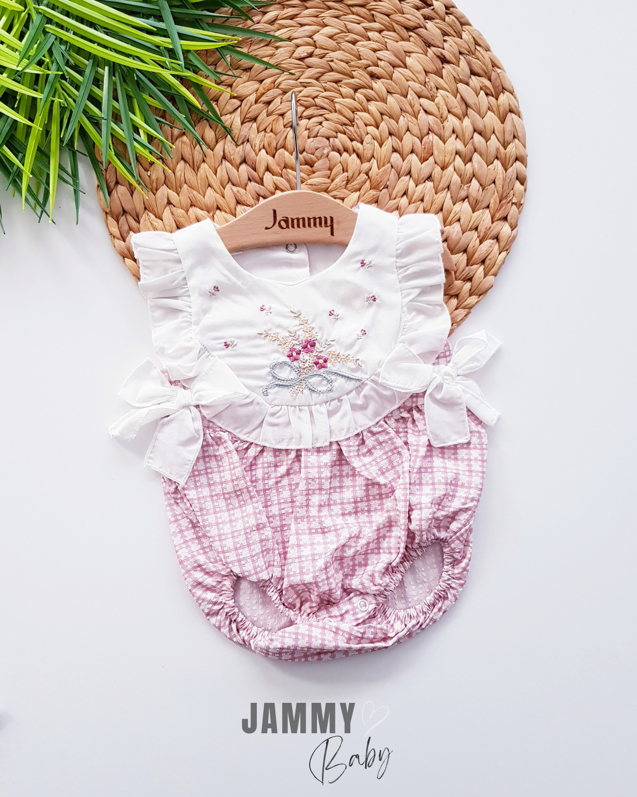 Berry Flower Borduurkleed Gingham Romper-ROZE