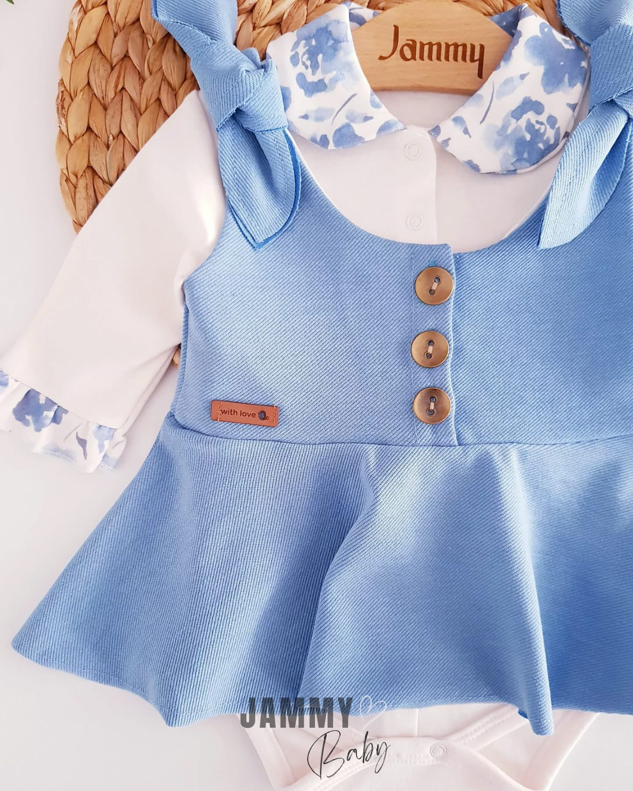 Bloom Çiçek Desenli Bodysuit / Omuz Fiyonklu Yelek Elbise-BEBE MAVİSİ