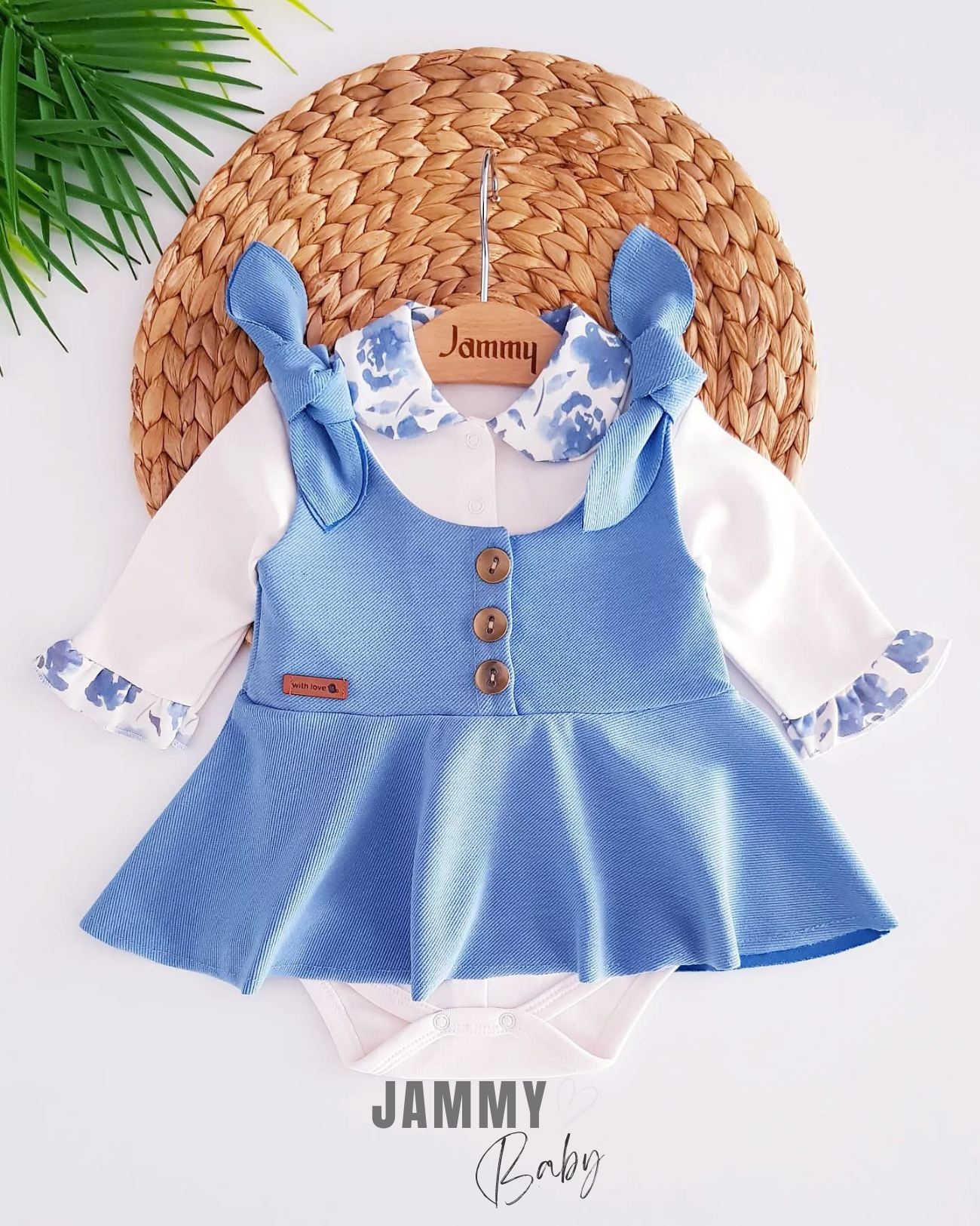 Bloom Çiçek Desenli Bodysuit / Omuz Fiyonklu Yelek Elbise-BEBE MAVİSİ