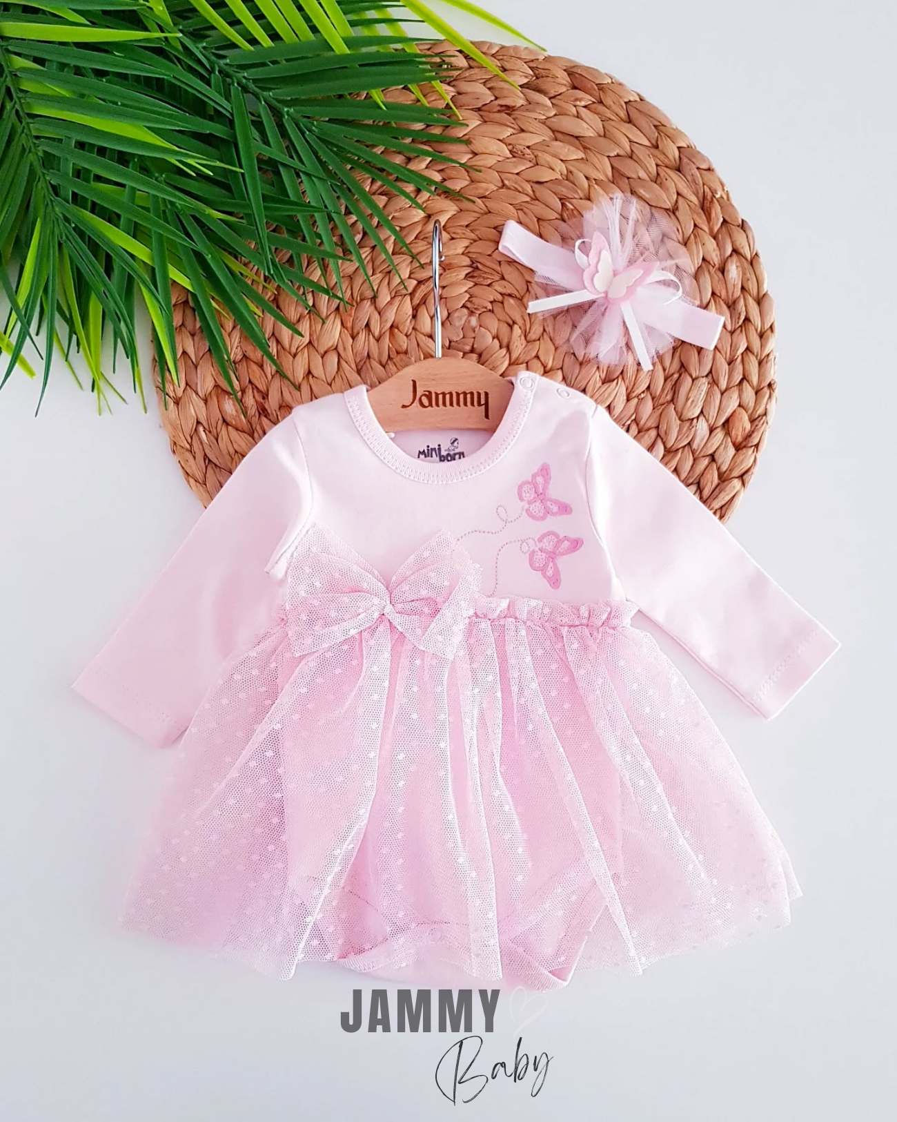 Kelebek İşlemeli Tül Bandana Elbise Takımı-PEMBE