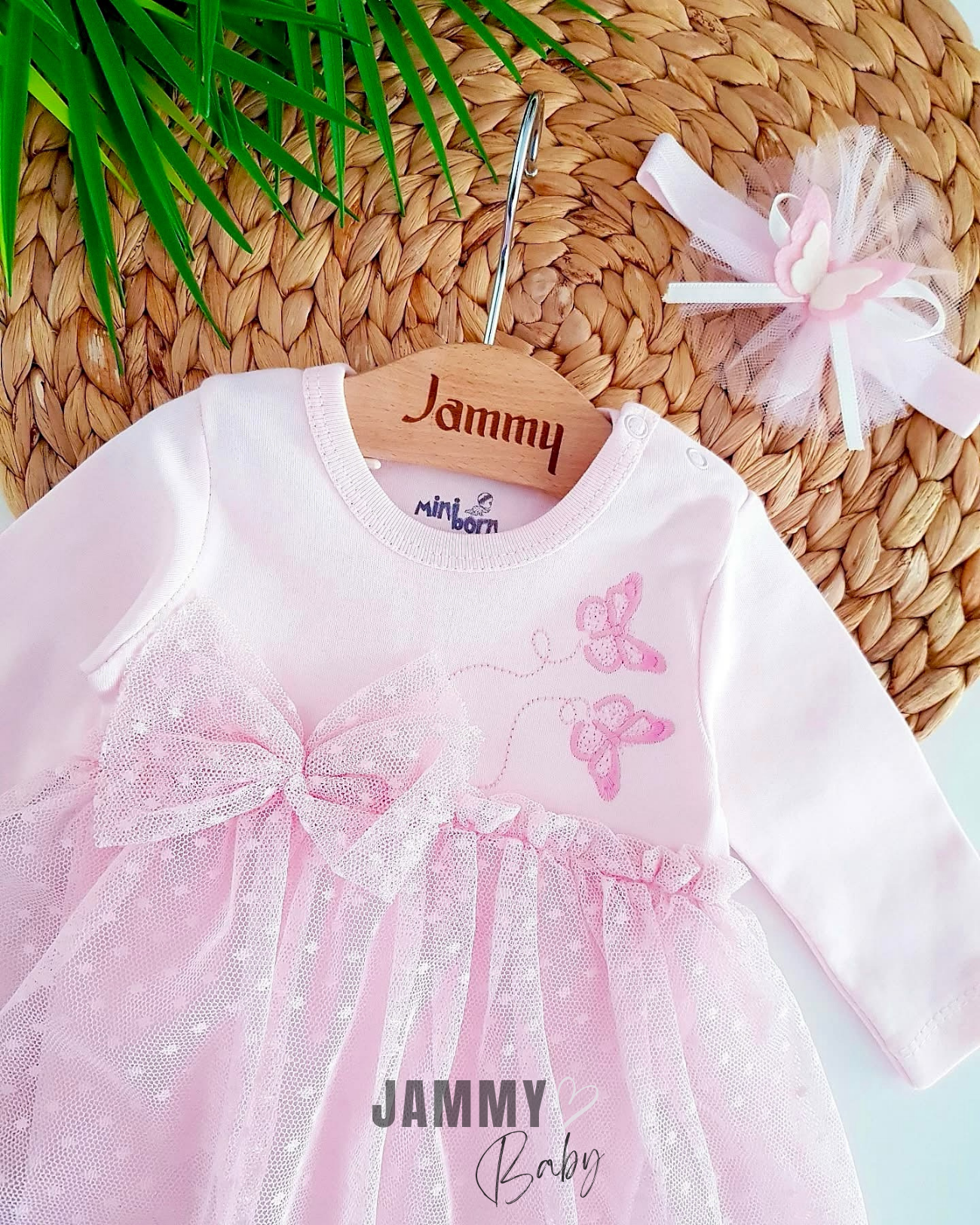 Kelebek İşlemeli Tül Bandana Elbise Takımı-PEMBE