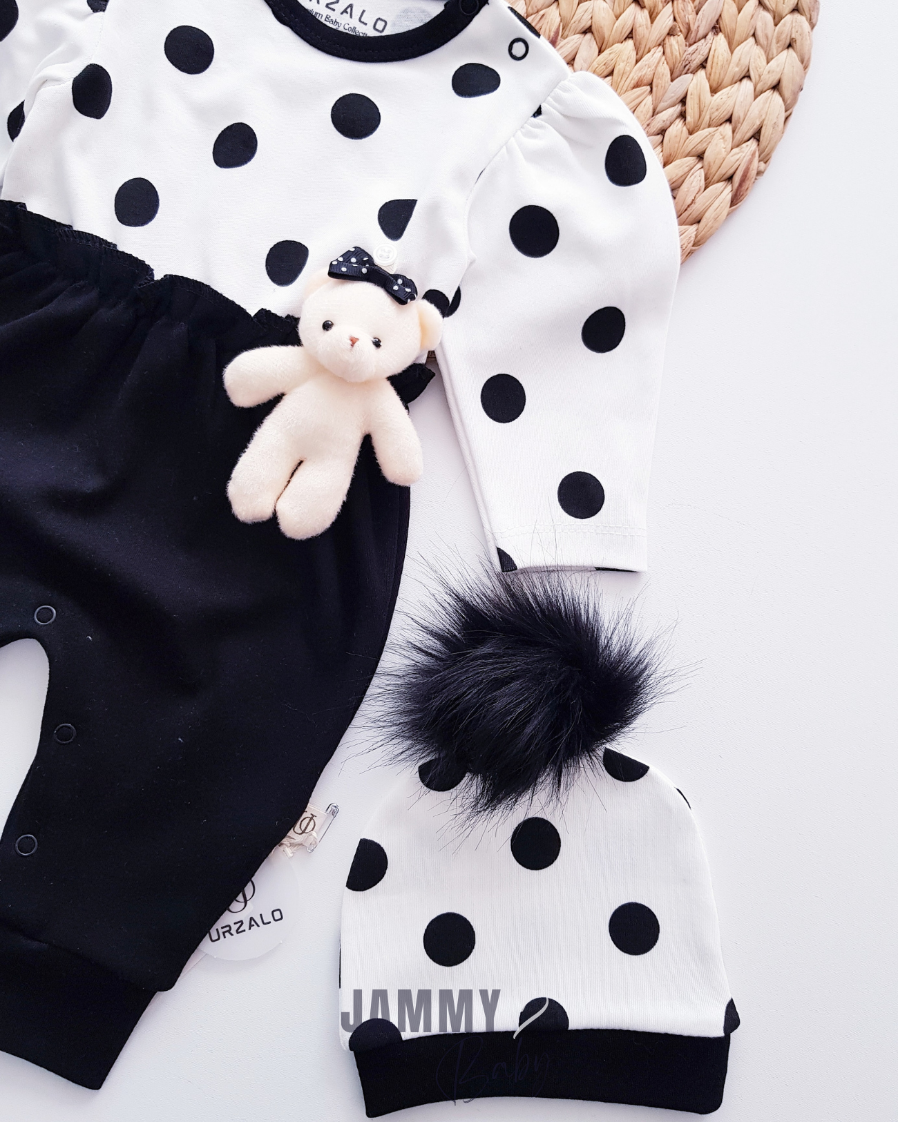 Çıkarılabilir Mobil Teddy Bear Polka Dot Tulum ve Ponpon Şapka-SİYAH