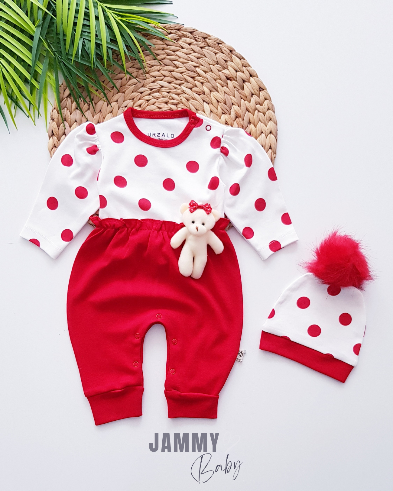Çıkarılabilir Mobil Teddy Bear Polka Dot Tulum ve Ponpon Şapka-KIRMIZI
