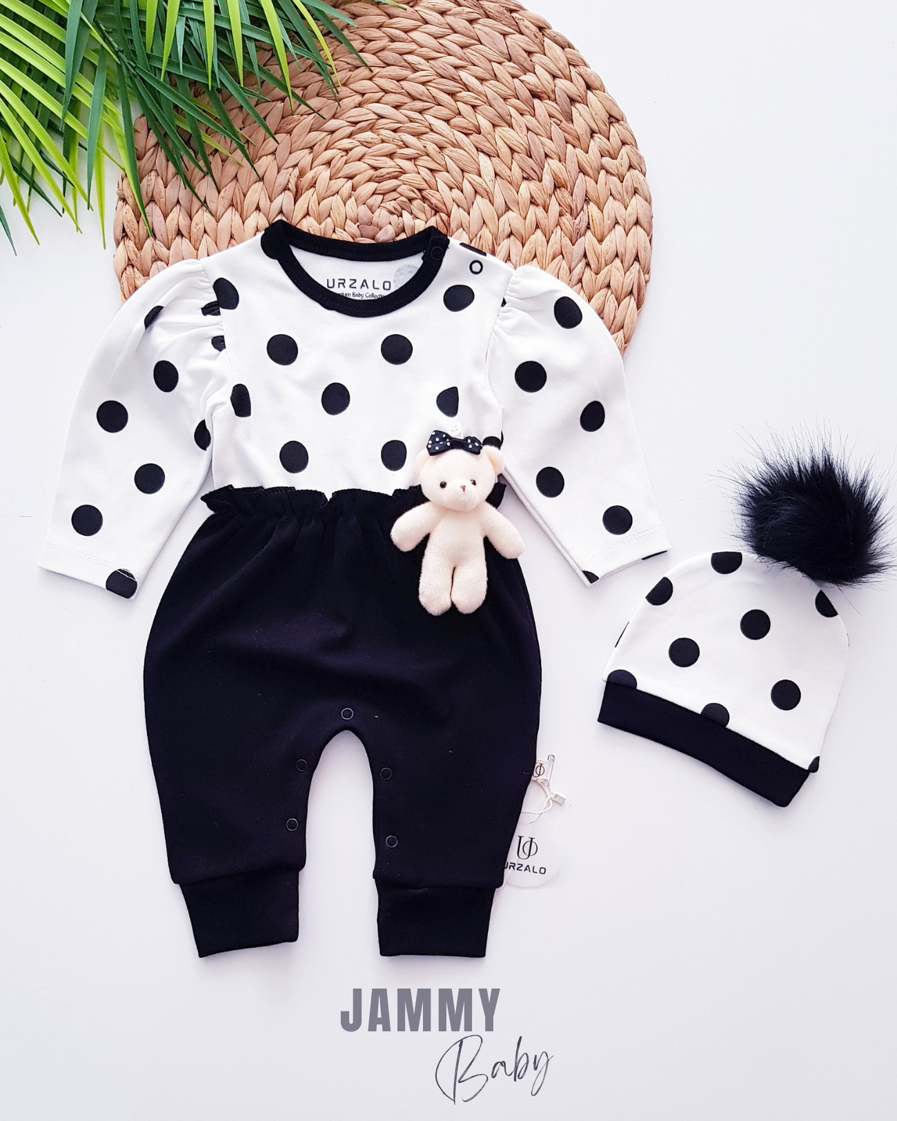 Çıkarılabilir Mobil Teddy Bear Polka Dot Tulum ve Ponpon Şapka-SİYAH