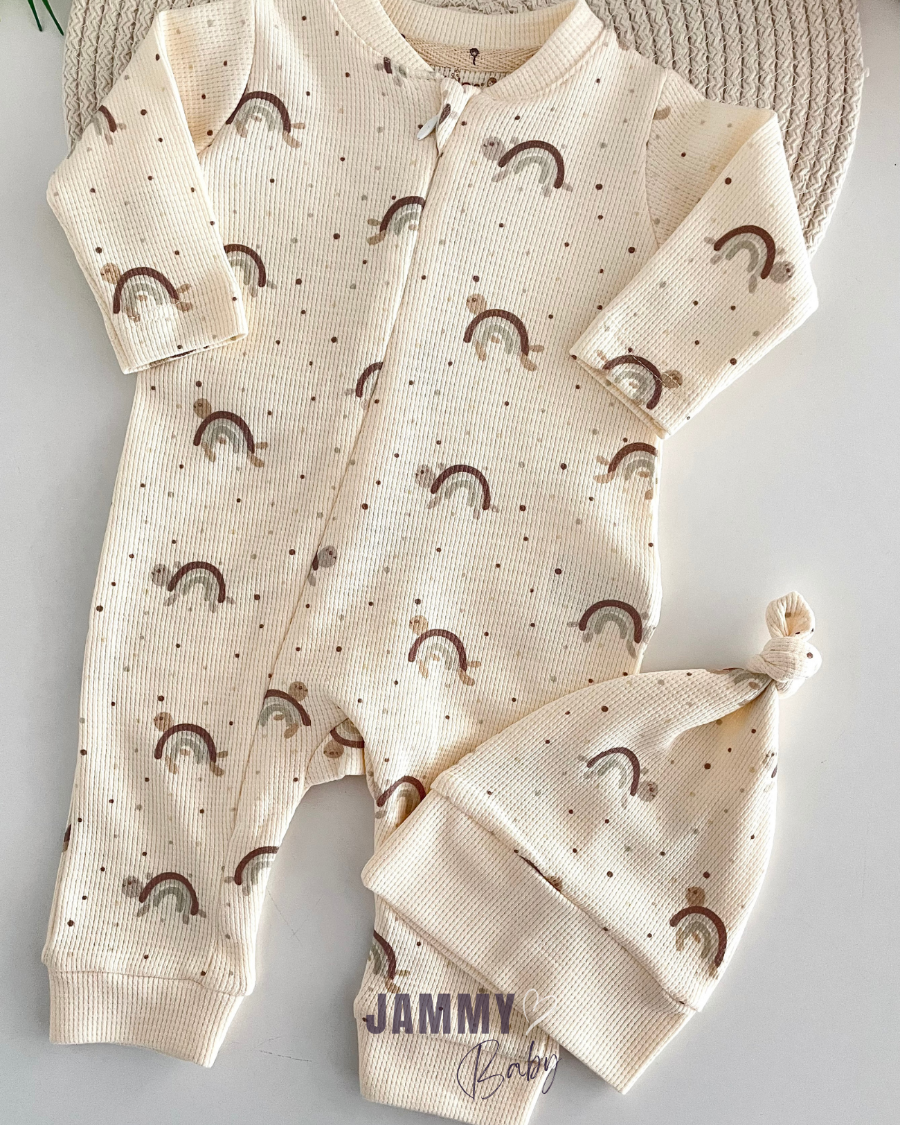 Cute Turtle Zippered Waffle Jumpsuit Set -CREAM