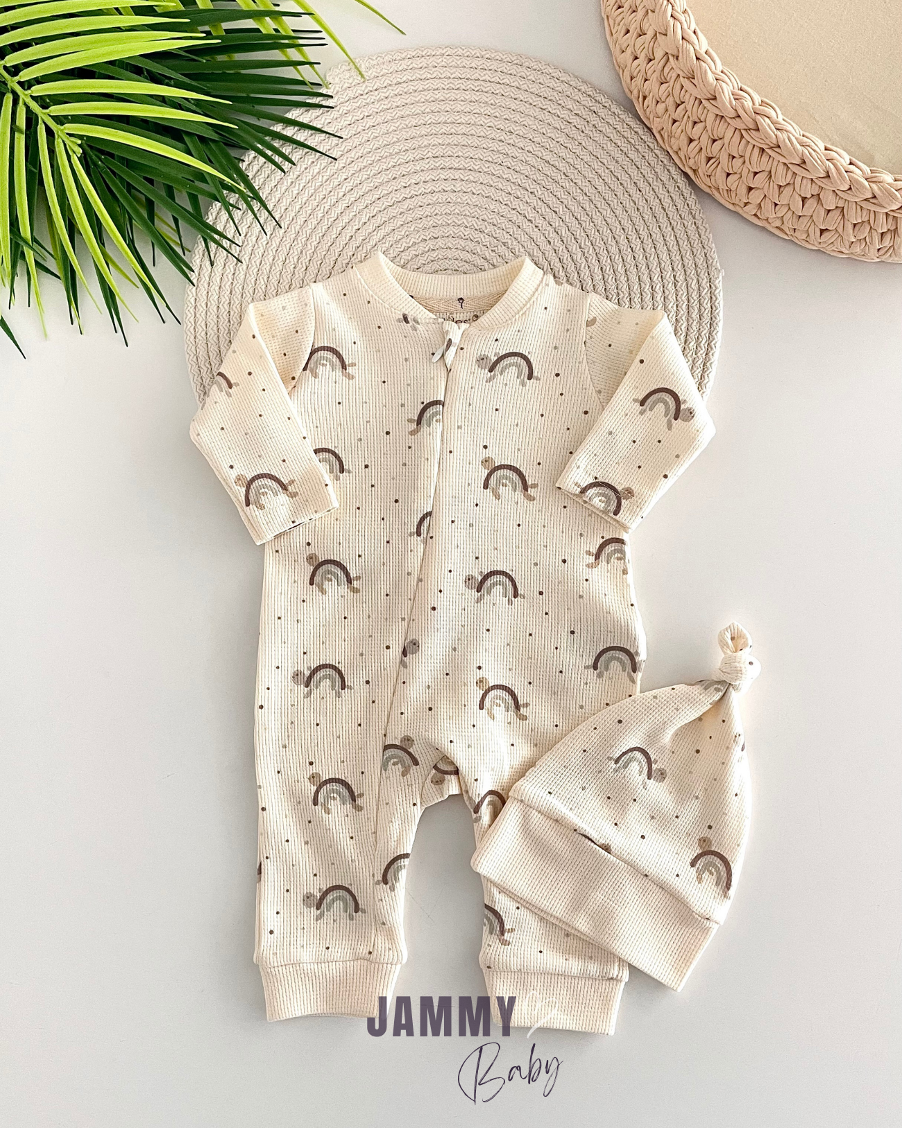 Cute Turtle Zippered Waffle Jumpsuit Set -CREAM