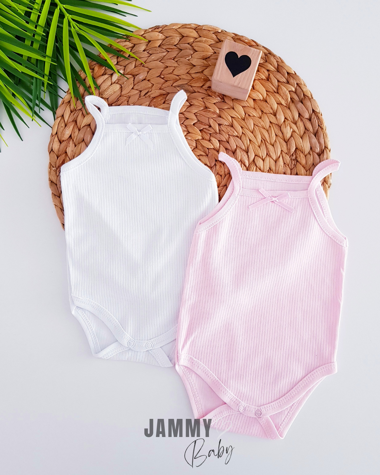 Bow Rib Snap 2-delige onderhemdset - ROZE/WIT