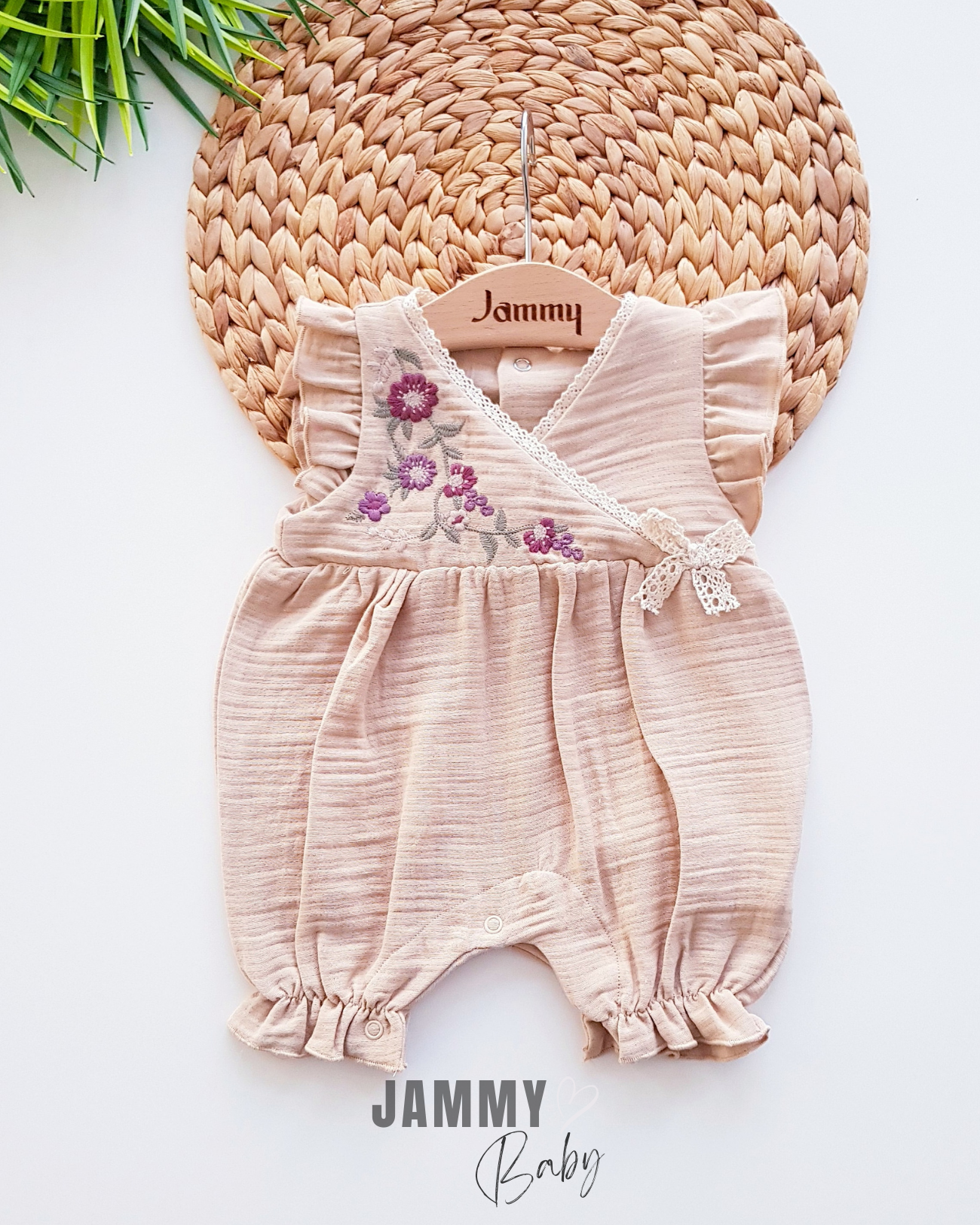 Freya Flower Embroidery Double Breasted Collar Jumpsuit-NATURAL