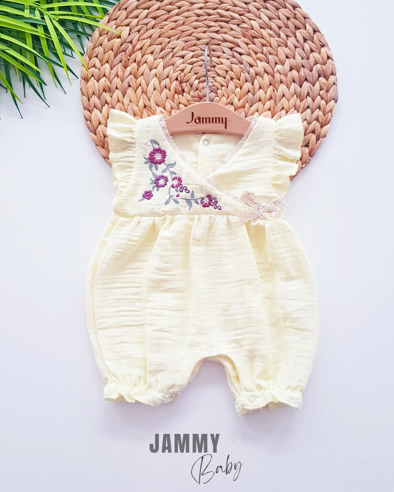 Freya Flower Embroidery Double-breasted Collar Jumpsuit-YELLOW
