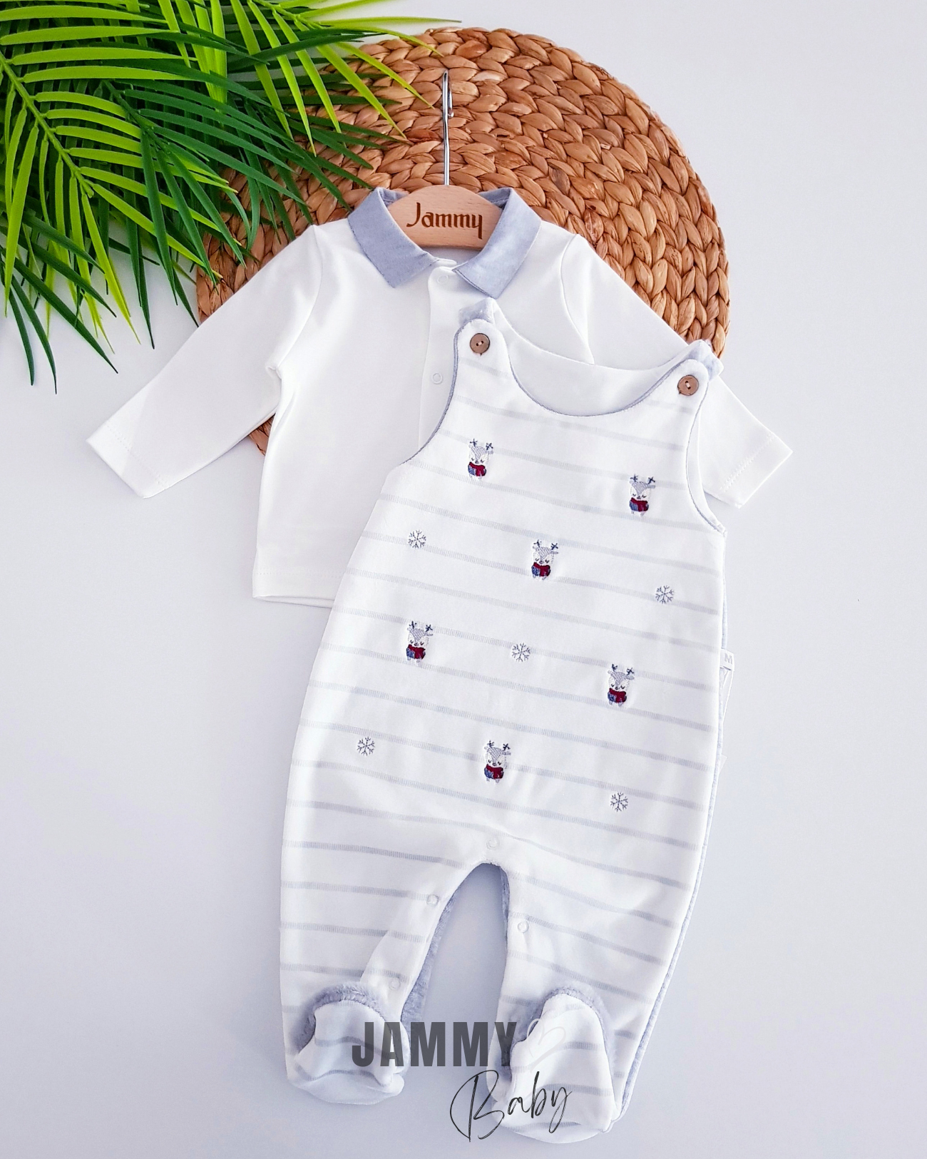 Overall en bodyset met fluwelen hertenmotief - GRIJS