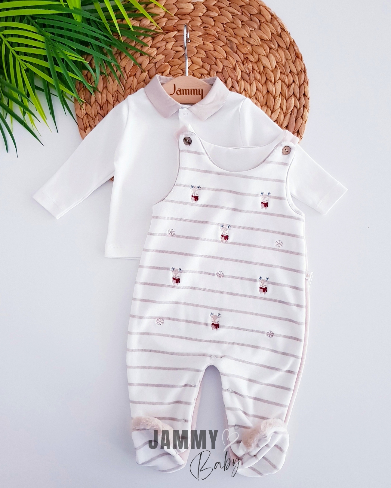 Overall en bodyset met fluwelen hertenmotief - BEIGE