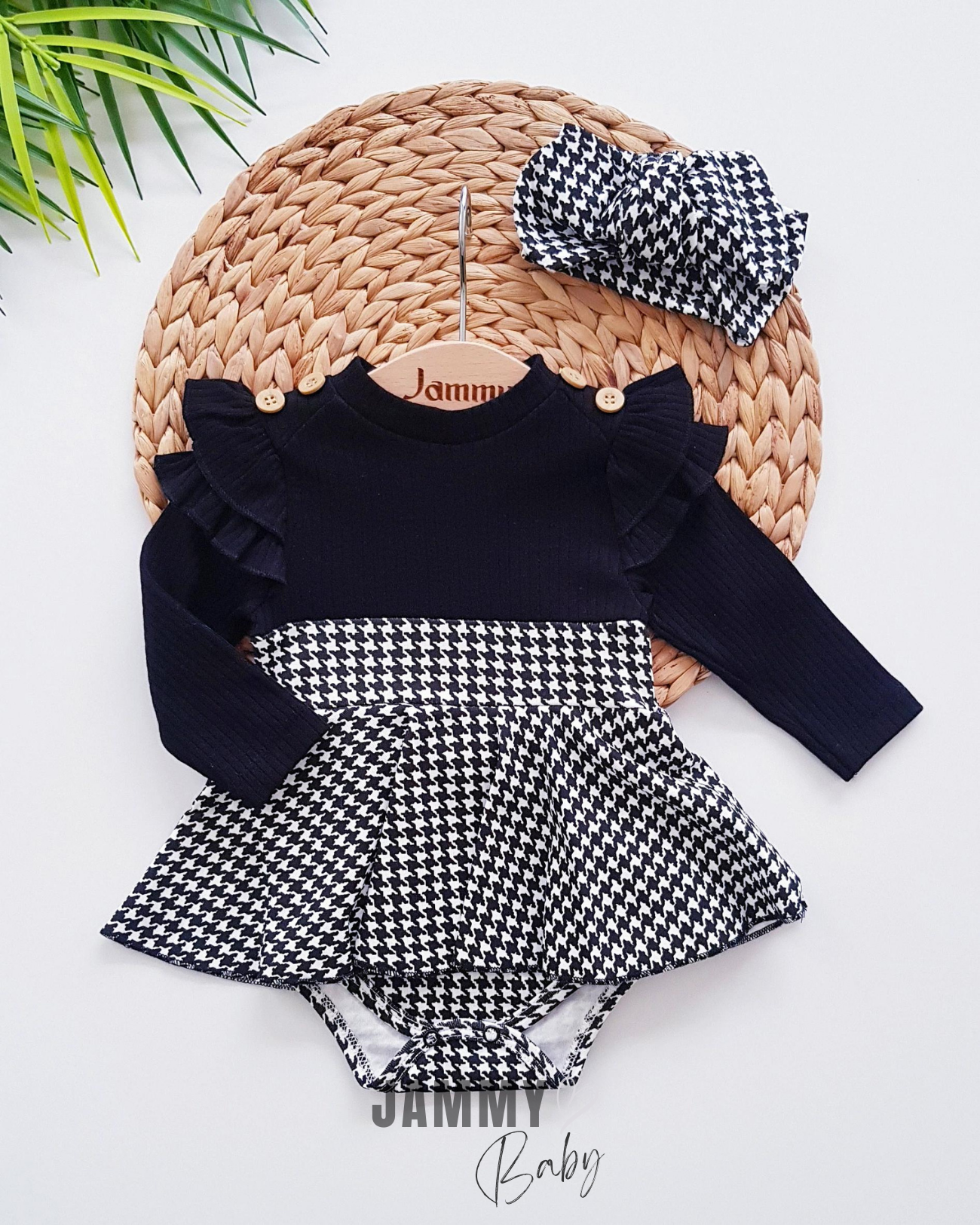 Houndstooth Desenli Omuz Fırfırlı Bandana Bodysuit Elbise Takımı-SİYAH