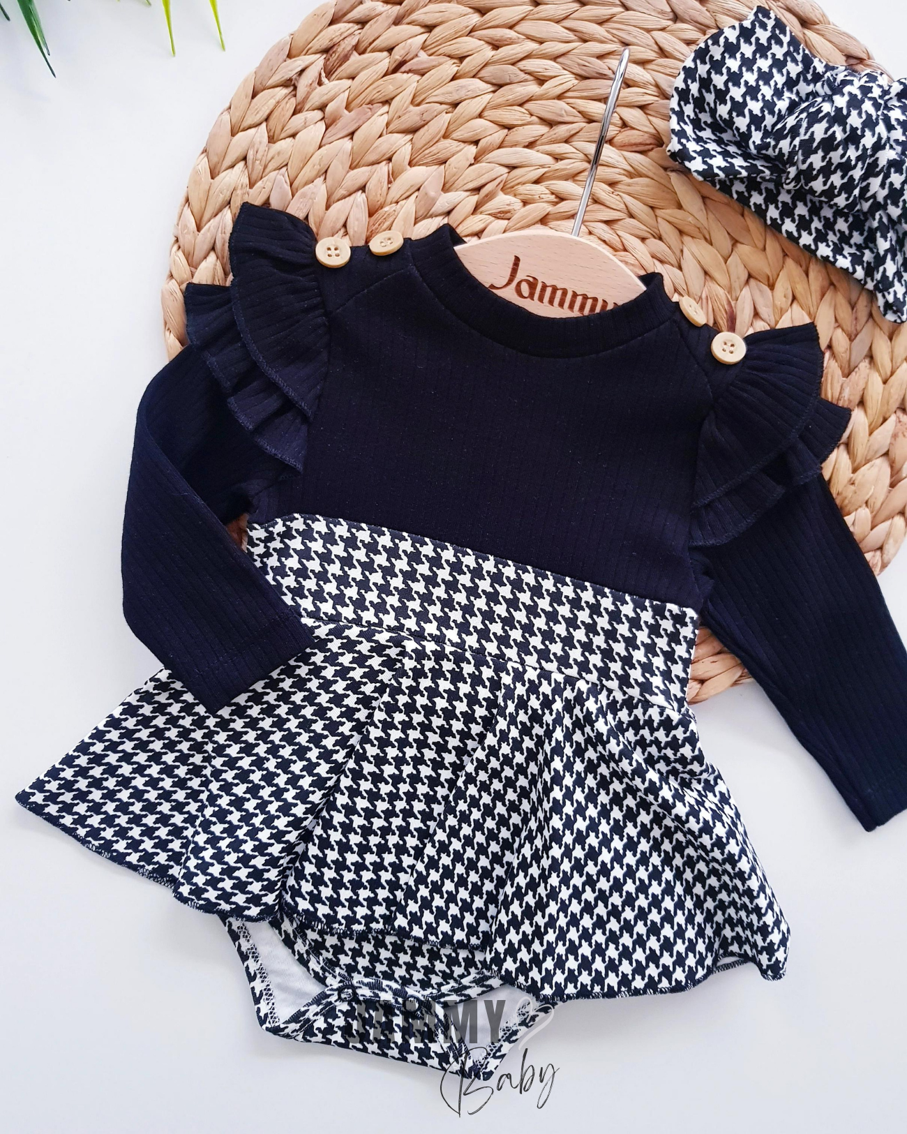 Houndstooth Desenli Omuz Fırfırlı Bandana Bodysuit Elbise Takımı-SİYAH