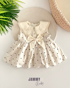 Kelebek İşlemeli Bebek Yaka Polka Dot Elbise-KREM