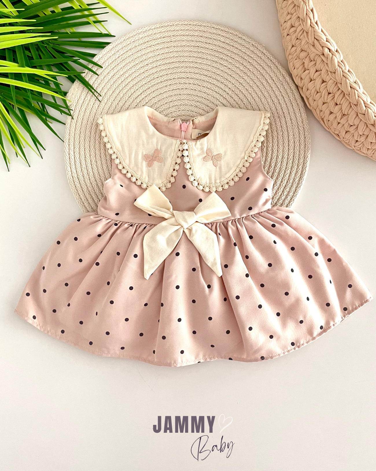 Kelebek İşlemeli Bebek Yaka Polka Dot Elbise-PUDRA
