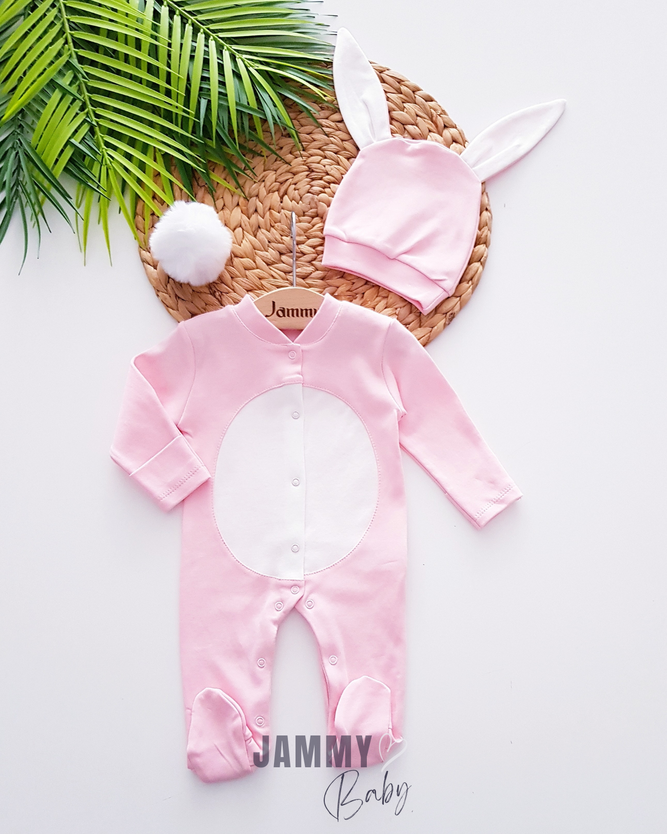 Pompom Rabbit Jumpsuit Set with Gloves - PINK