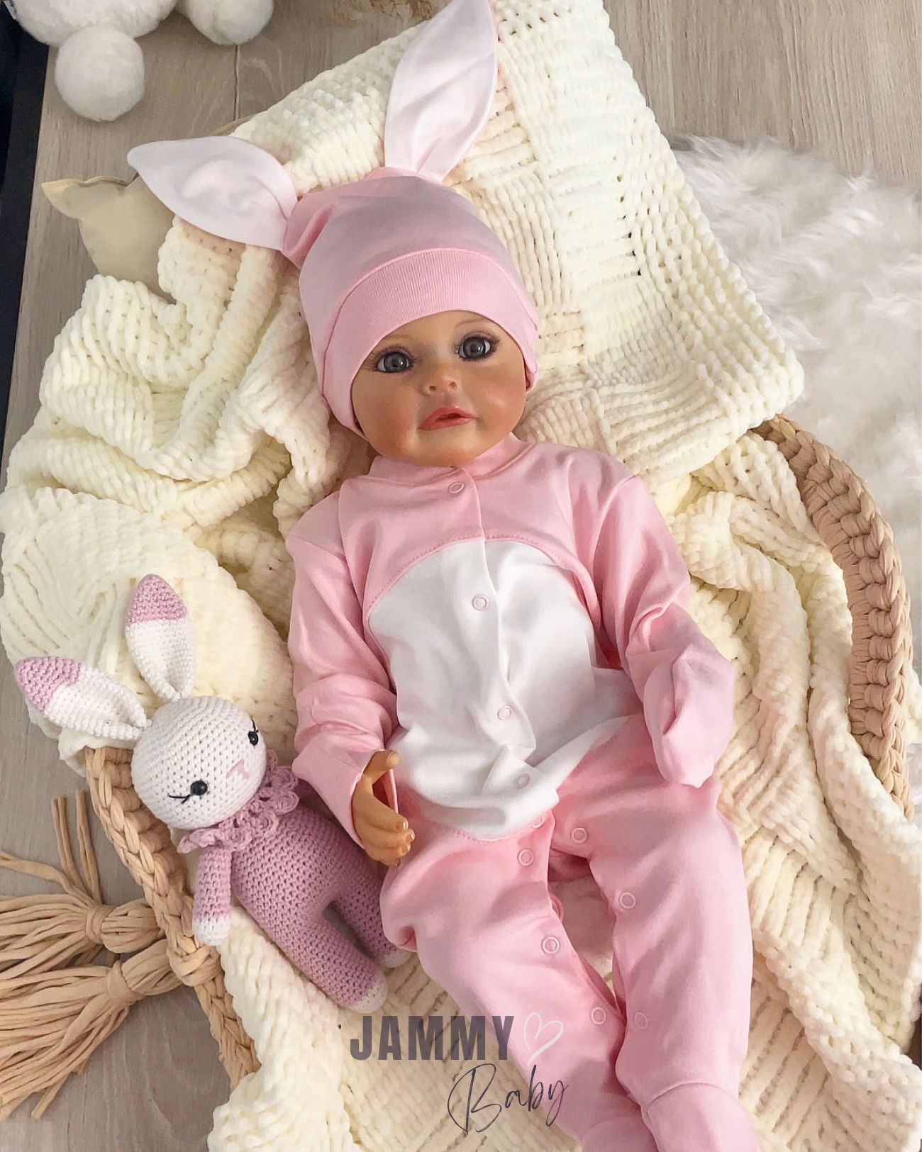 Pompom Rabbit Jumpsuit Set with Gloves - PINK