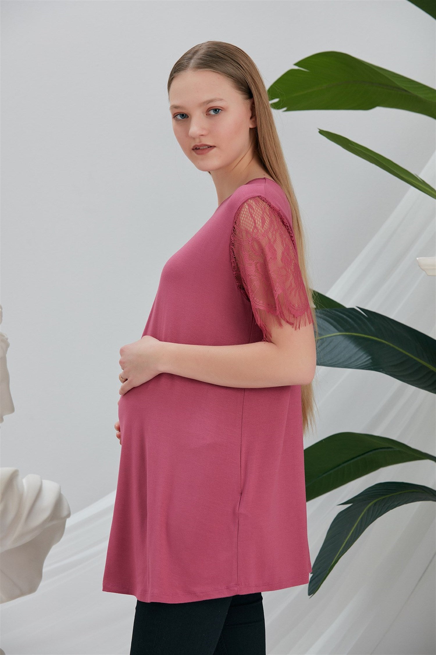 T-shirt met kanten mouwen - DRIED ROSE