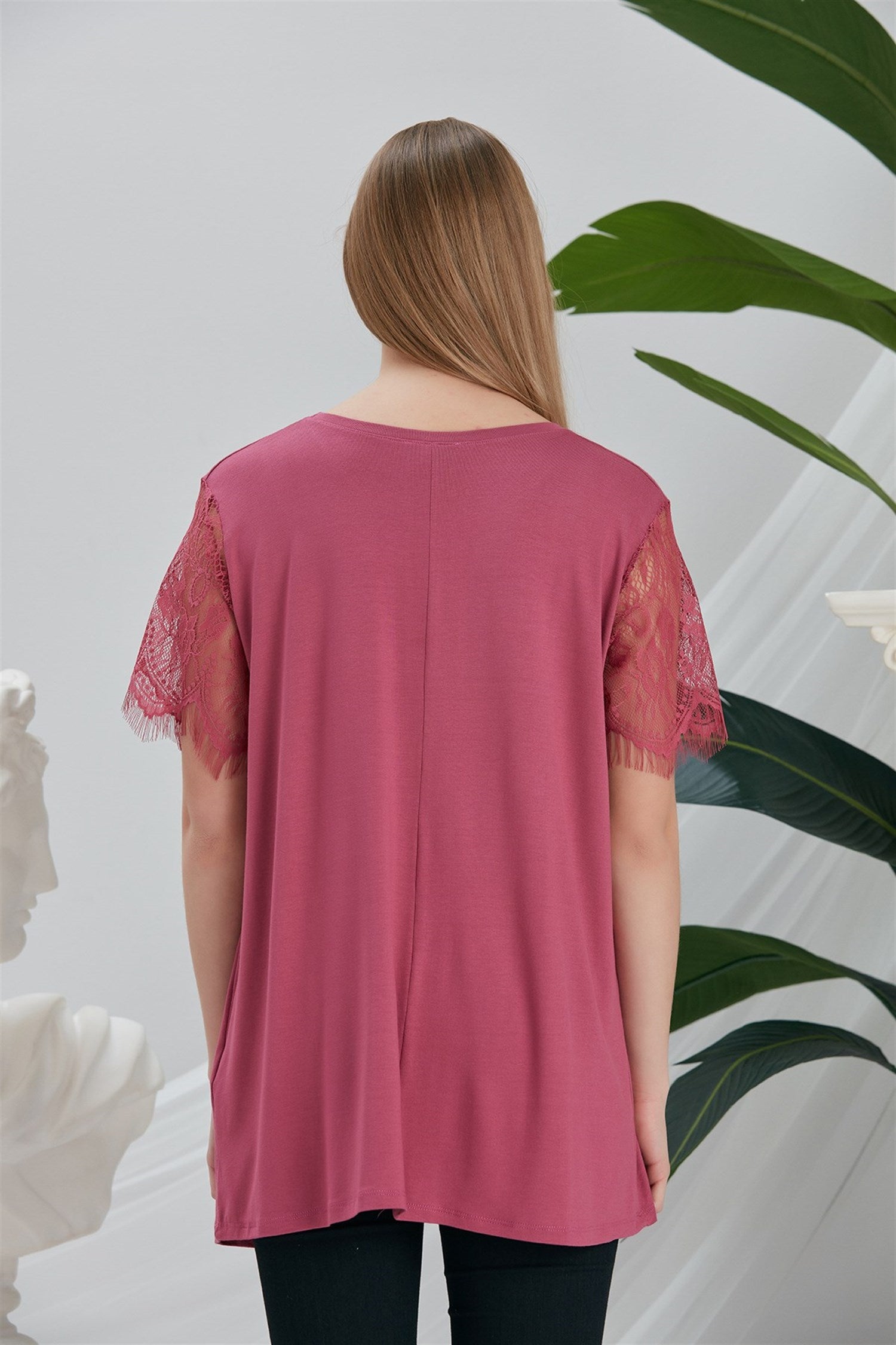 T-shirt met kanten mouwen - DRIED ROSE