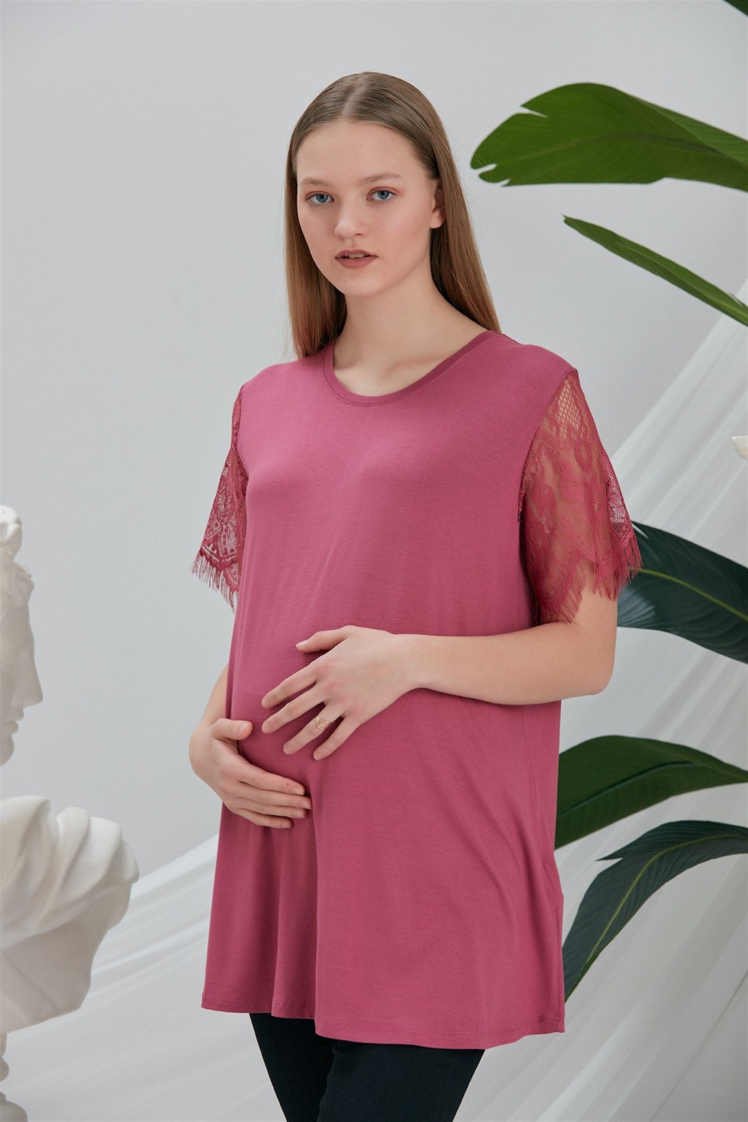T-shirt met kanten mouwen - DRIED ROSE