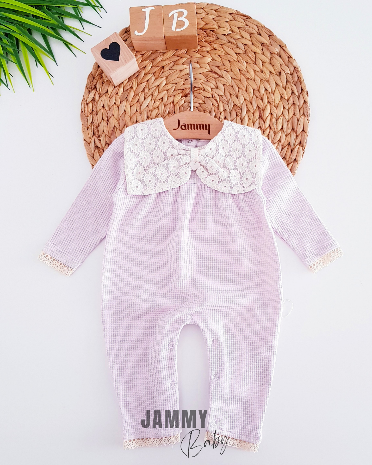 Waffle Jumpsuit with Lace Heart-LILA