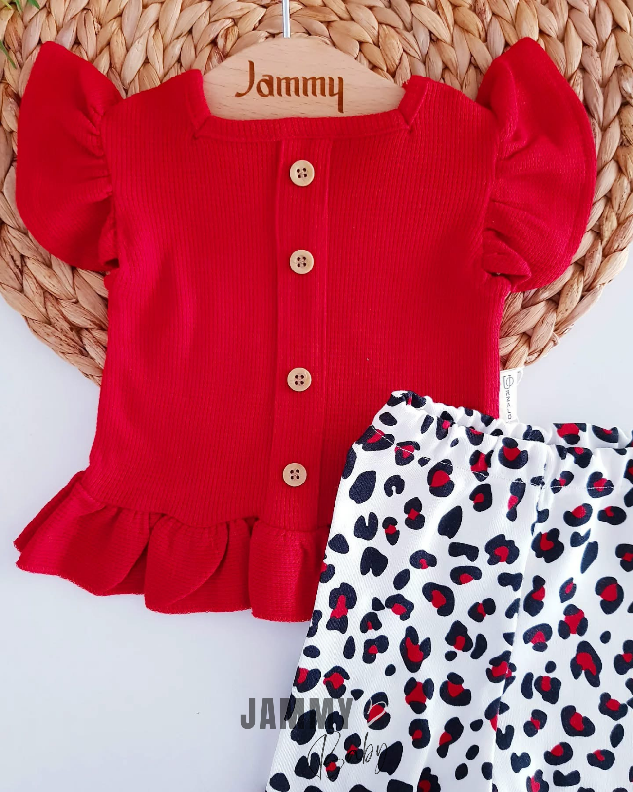 Leogirl Waffle Korte Mouw Bodysuit / Spaanse Broek Set-ROOD
