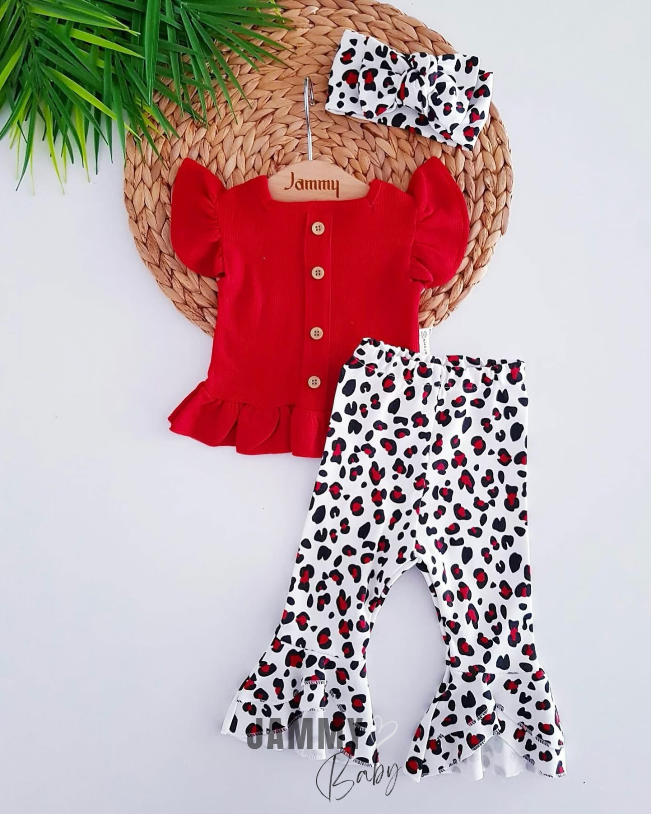 Leogirl Waffle Korte Mouw Bodysuit / Spaanse Broek Set-ROOD