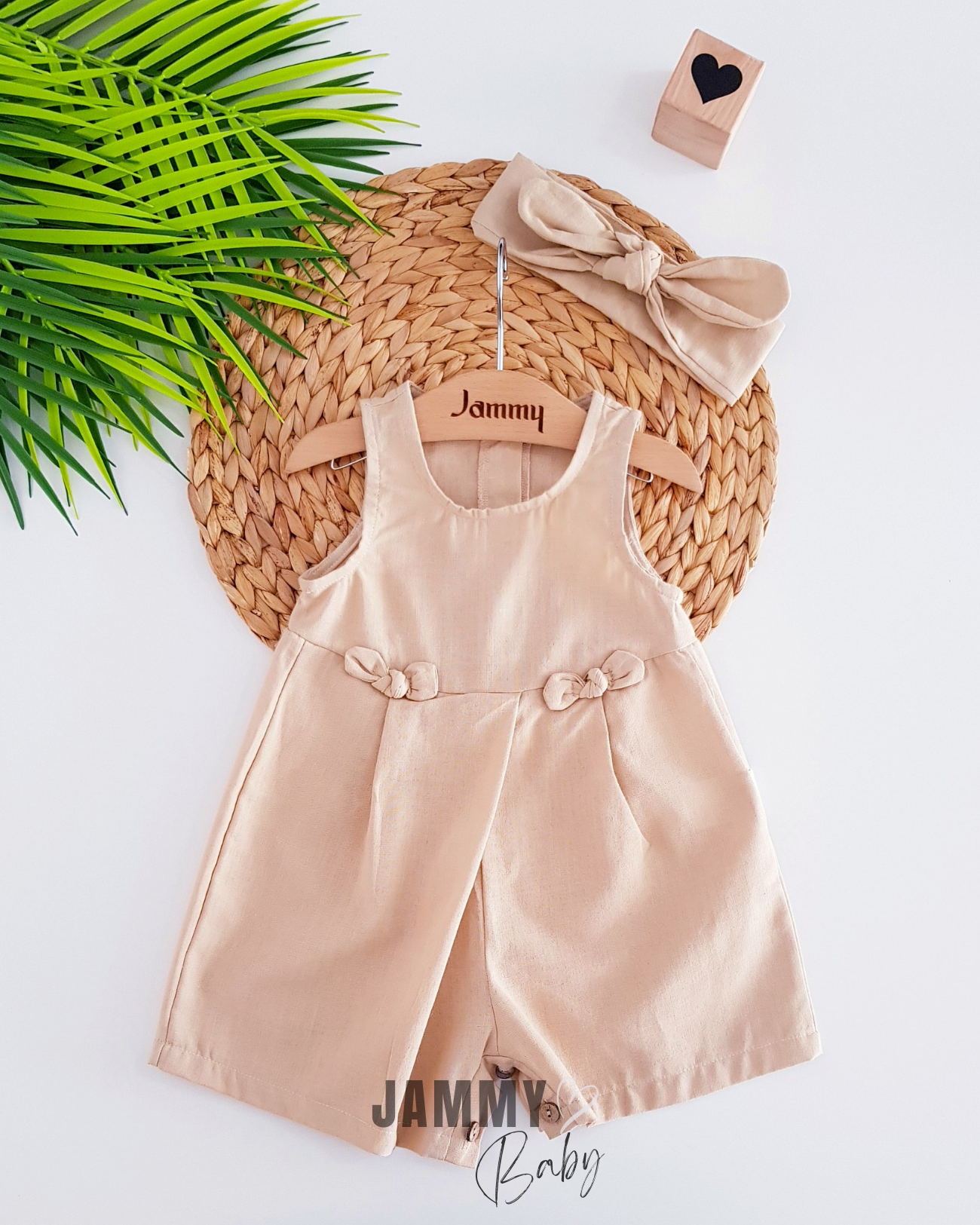 Lina Waist Dart Double Bow Linen Overalls & Bandana - BEIGE