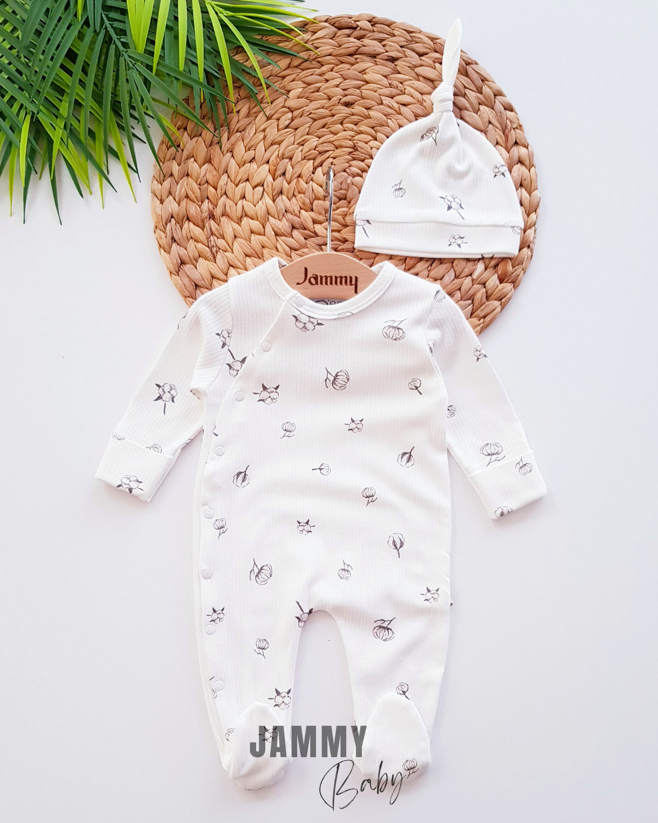 Cotton Flower Overalls Set with Gloves-WHITE