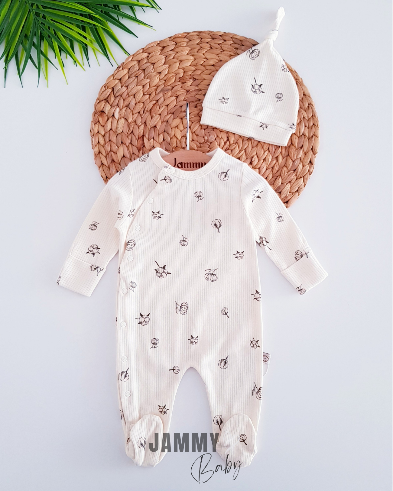 Cotton Flower Overalls Set with Gloves - CREAM